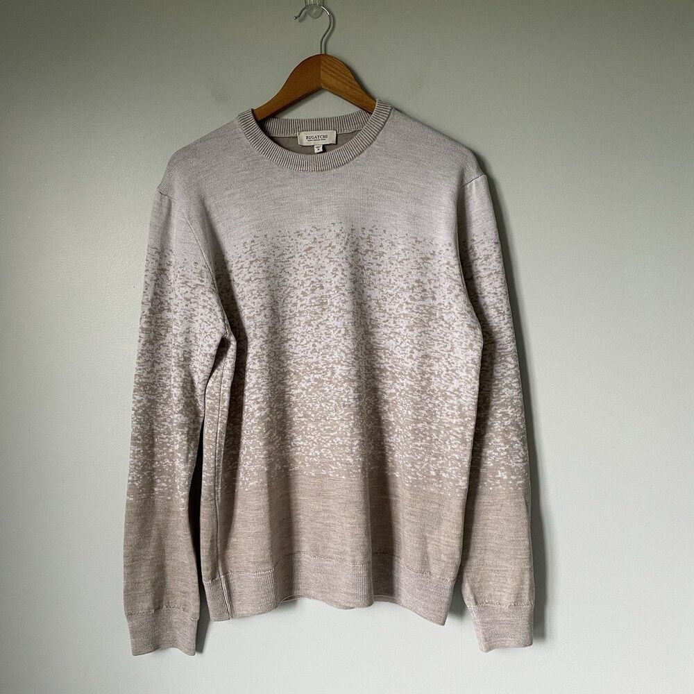 Bugatchi Super Merino Wool Crewneck Sweater Cream Tan Pattern Men's Size Medium